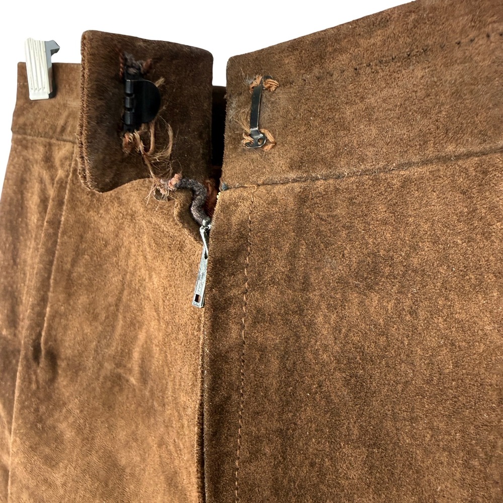 Vintage 70s Suede Leather Midi Skirt Women 26 Brown Western Boho Paneled A-Line - Picture 5 of 11